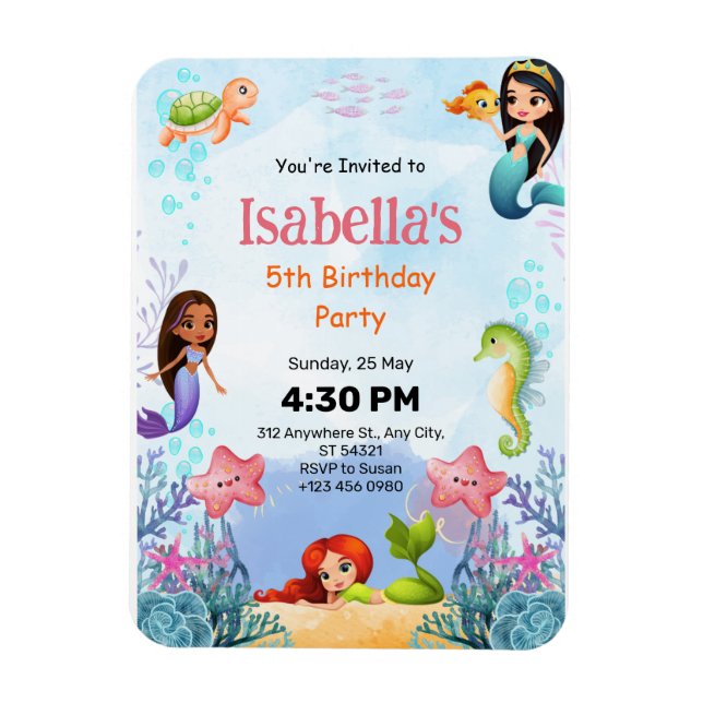 Magical Mermaid Sea 5th Birthday Party Invitation Magnet (Vertical)