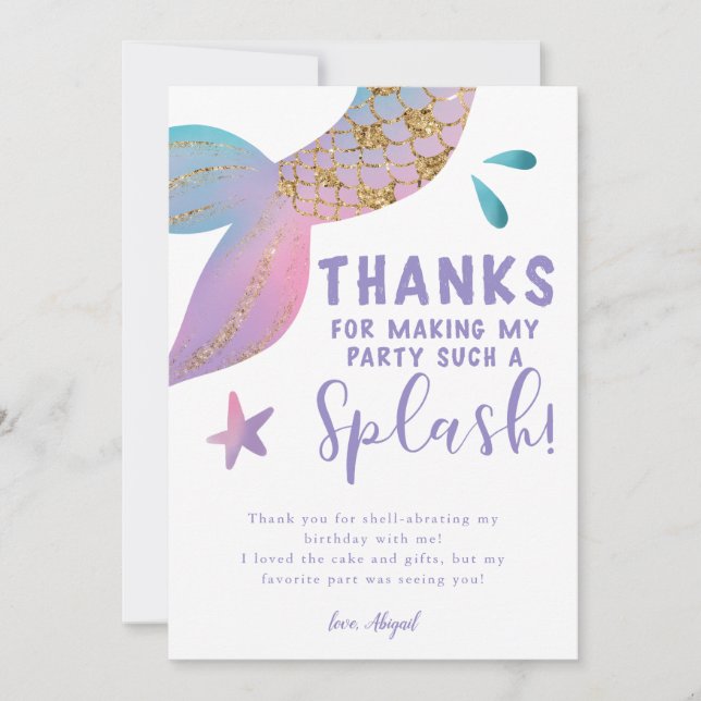Magical Mermaid Splash Birthday Party Thank You Card (Front)