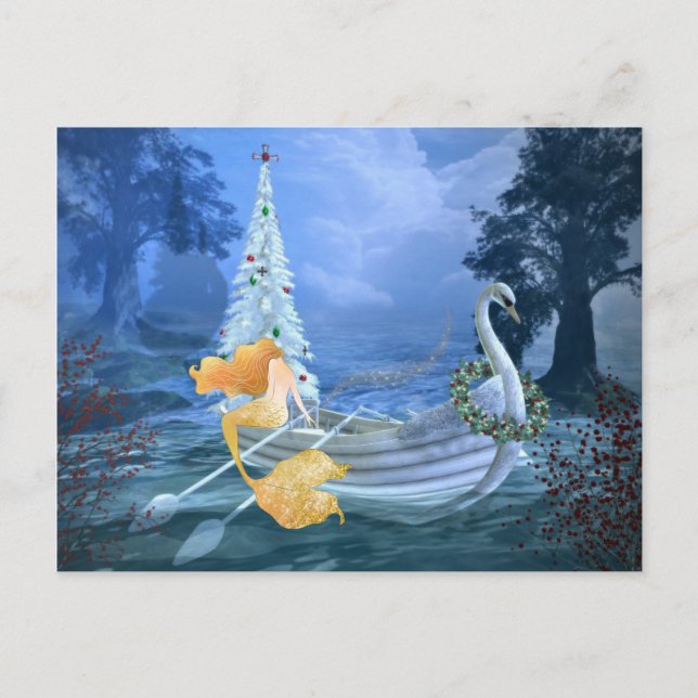 Magical Mermaid, Swan Boat and Christmas Tree Holiday Postcard (Front)