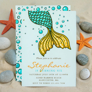Magical Mermaid Tail Turquoise and Gold Birthday Invitation