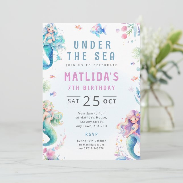 Magical Mermaid Under The Sea Birthday Invite (Standing Front)