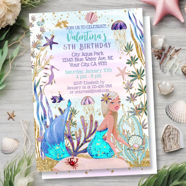 Magical Mermaid Under the Sea Glitter Birthday Invitation (Creator Uploaded)