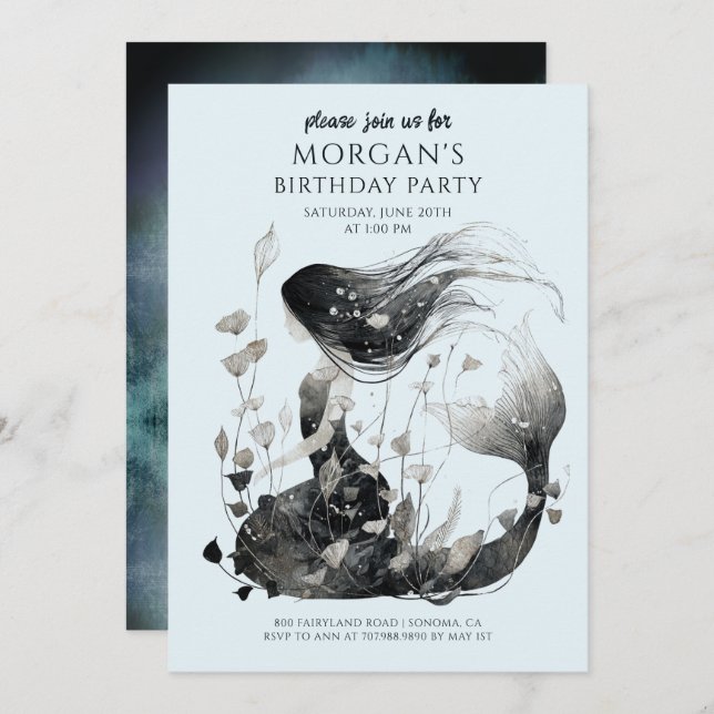 Magical Mermaid Watercolor Girl's Birthday Invitation (Front/Back)