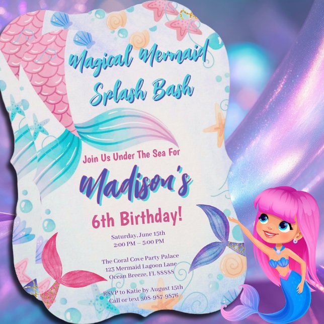 Magical Mermaid Watercolor Tail Birthday Party  Invitation (Dive into Fun! Mermaid Birthday Bash)