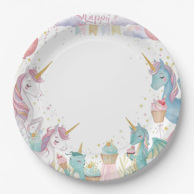 Magical Mermaids Unicorns Rainbow Birthday Party Paper Plate (Front)