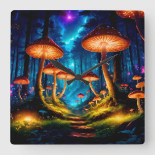 Magical Midnight Mushroom Forest Square Wall Clock