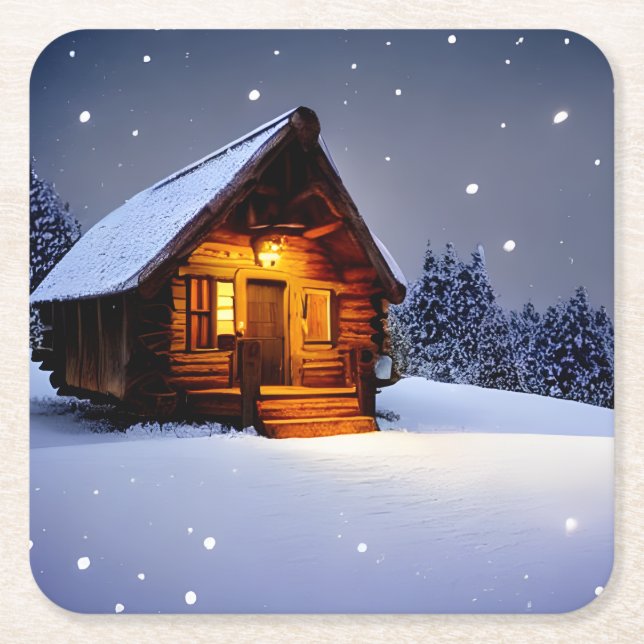 Magical Midnight Winter Cabin Square Paper Coaster (Front)