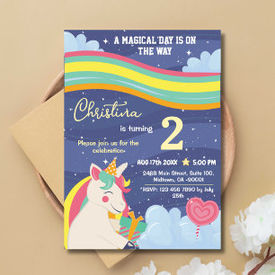Magical modern unicorn rainbow stars 2nd birthday  invitation
