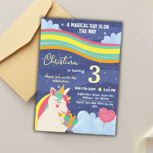 Magical modern unicorn rainbow stars 3rd birthday invitation
