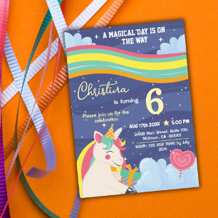 Magical modern unicorn rainbow stars 6th birthday  invitation