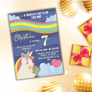 Magical modern unicorn rainbow stars 7th birthday  invitation