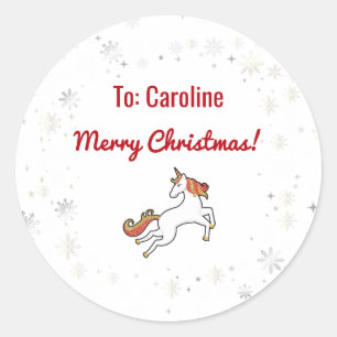 Magical Modern Unicorn Snowflakes Name Script Xmas Classic Round Sticker