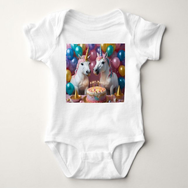 Magical Moments: A White Unicorns' Birthday Bash Baby Bodysuit (Front)