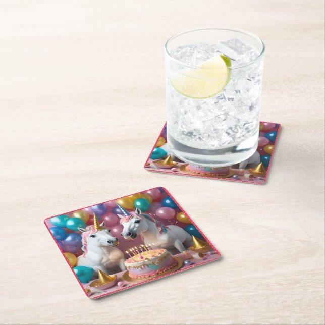 Magical Moments: A White Unicorns' Birthday Bash Square Paper Coaster (Insitu)