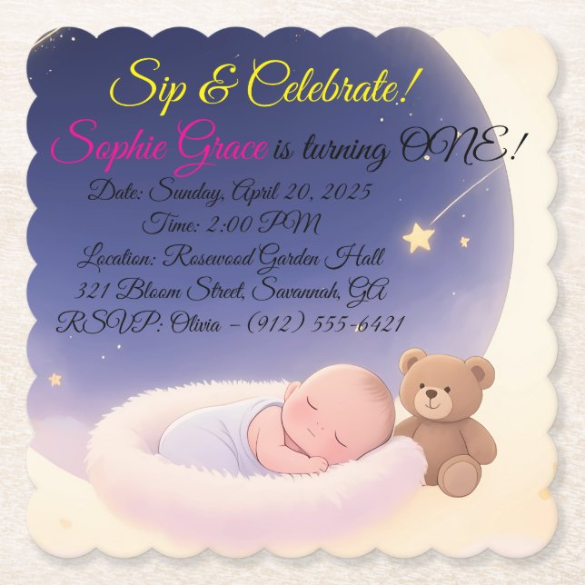 Magical Moon 1st Birthday Keepsake Invitation Paper Coaster (Front)