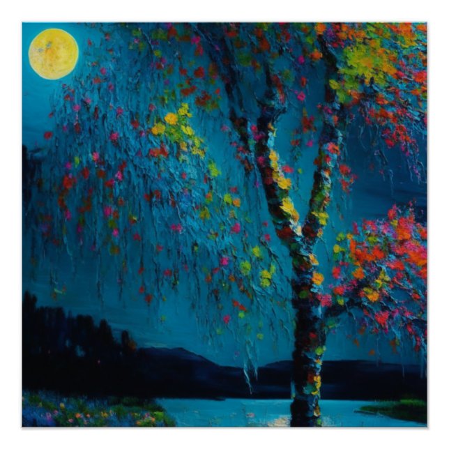 Magical Moon River Tree in oil painting style Poster (Front)
