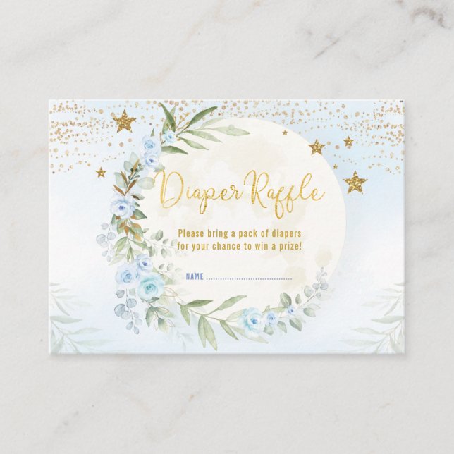 Magical Moon Stars Blue Gold Floral Diaper Raffle Enclosure Card (Front)