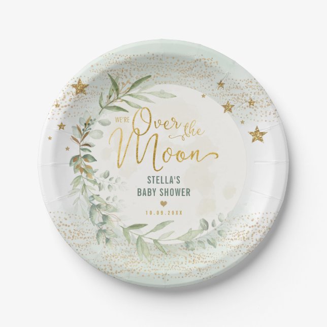 Magical Moon & Stars Greenery Gold Baby Shower Paper Plate (Front)