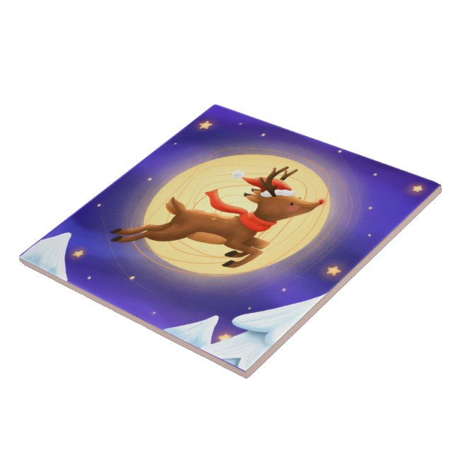 Magical Moonlit Reindeer Decorative Ceramic Tile (Side)