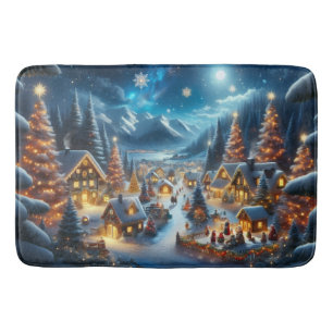 Magical Moonlit Snowy Christmas Village Bath Mat