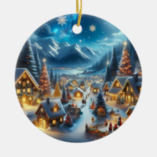 Magical Moonlit Snowy Christmas Village Ceramic Ornament