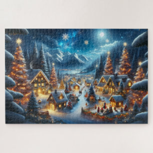 Magical Moonlit Snowy Christmas Village Jigsaw Puzzle