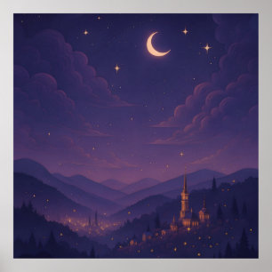 Magical Moonlit Village Nightscape Poster