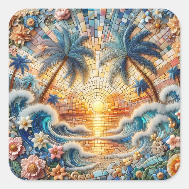 Magical Mosaic Tropical Ocean Sunset Square Sticker (Front)