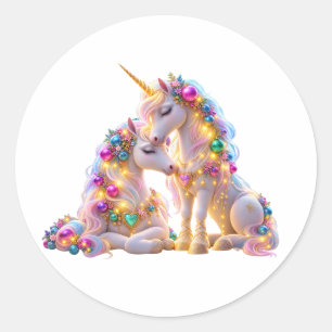 Magical Mother and Baby Unicorn Pastel Rainbow Rou Classic Round Sticker