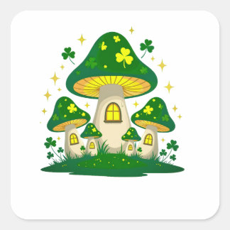 Magical Mushroom Village With Glowing Square Sticker