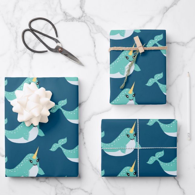 Magical Narwhals with Eyelashes Pattern Wrapping Paper Sheet (Front)
