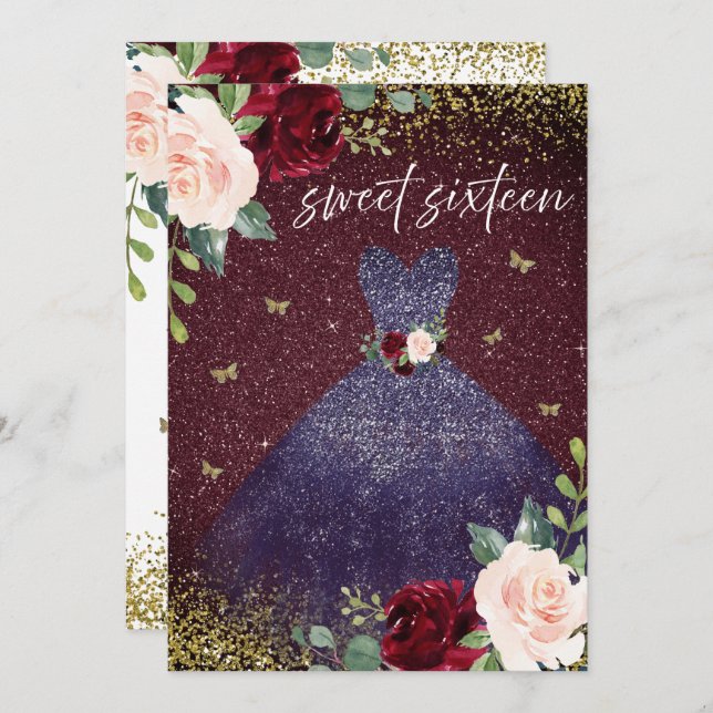 Magical Navy Dress Burgundy Red Floral Sweet 16 Invitation (Front/Back)