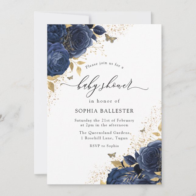 Magical Navy Indigo Blue Roses & Gold Baby Shower Invitation (Front)