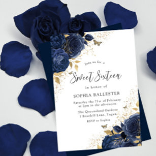 Magical Navy Indigo Blue Roses & Gold Sweet 16 Invitation