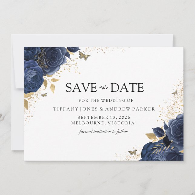Magical Navy Indigo Roses Gold Floral Wedding Save The Date (Front)