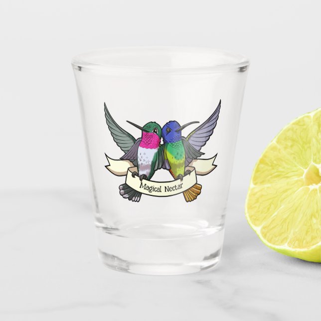 Magical Nectar Cute Hummingbirds Holding Ribbon Shot Glass (Front)