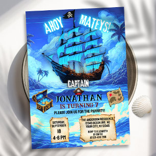 Magical Neon Blue Glow Pirate Ship Ahoy Birthday  Invitation