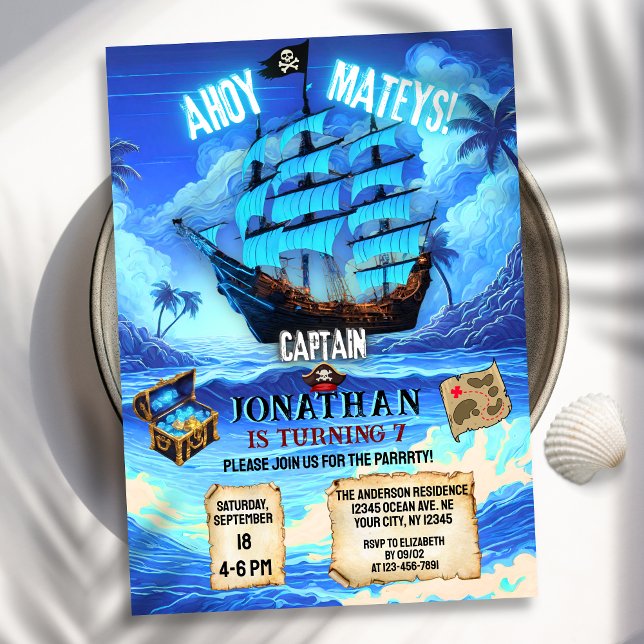 Magical Neon Blue Glow Pirate Ship Ahoy Birthday  Invitation (Creator Uploaded)