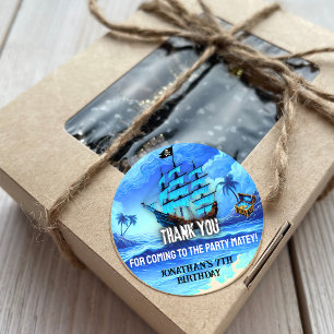 Magical Neon Blue Glow Pirate Ship Party Thank You Classic Round Sticker