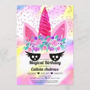Magical Neon Pink Unicorn Floral Glitter Birthday Invitation