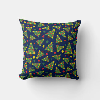 Magical Night Christmas Trees and Stars Dark Blue Cushion