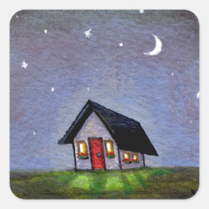 Magical night cottage art starry sky fun painting square sticker
