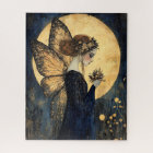 Magical Night Fairy with Flowers Under Golden Moon