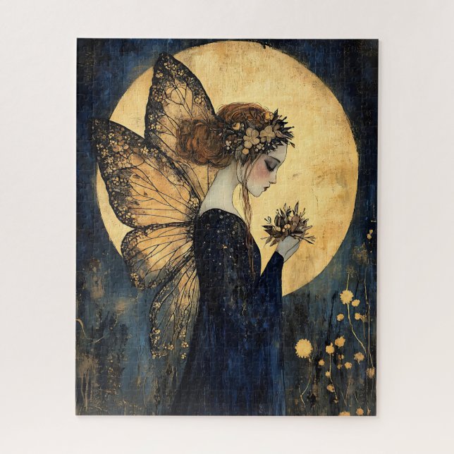 Magical Night Fairy with Flowers Under Golden Moon Jigsaw Puzzle (Vertical)