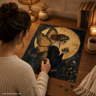 Magical Night Fairy with Flowers Under Golden Moon Jigsaw Puzzle