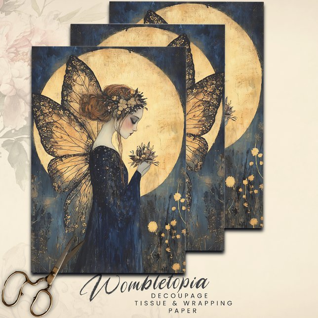 Magical Night Fairy with Flowers Under Golden Moon Wrapping Paper Sheet (Creator Uploaded)