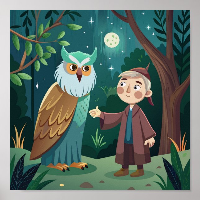 Magical Night in the Forest: Boy and Owl Poster (Front)
