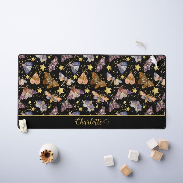 Magical Night Moth Faux Gold Glitter Starts Name Desk Mat (Kids Table)