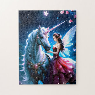 Magical Night Rose Fairy Queen and White Unicorn Jigsaw Puzzle