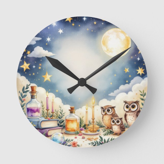 Magical Night Sky Owls Stars Watercolor Pillow Round Clock (Front)